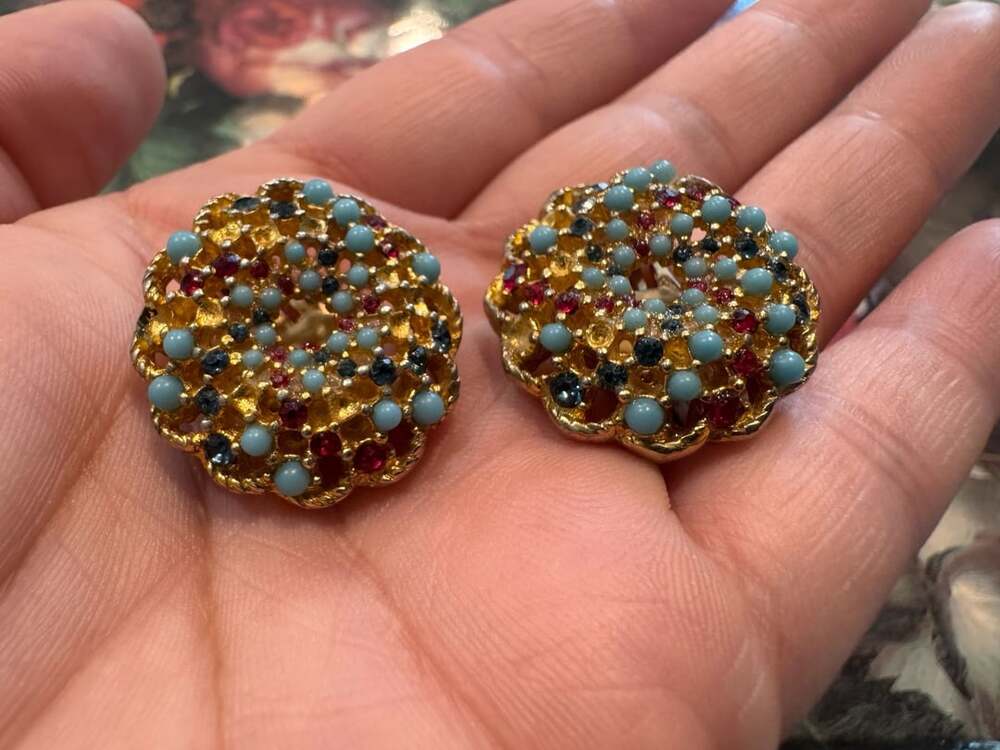 Sarah Coventry Clip-On Earrings Gold-Tone Turquoise Ruby Rhinestones